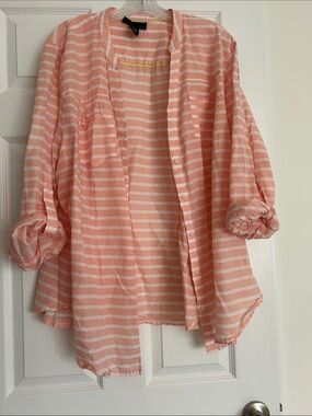 Lane Bryant Coral and White Striped Cotton Shirt